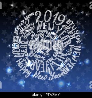 2019. Happy New Year. Calligraphy Vector illustration Blue background. Stock Vector