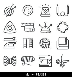 Sewing and Needlework Tool Icon Set Include of Cloth, Iron, Pin and Button Stock Vector