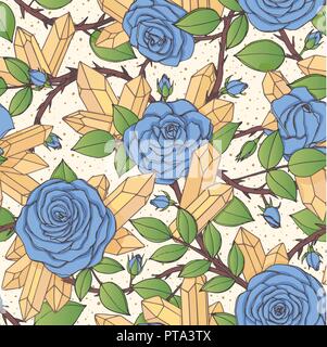 Vector hand drawn seamless pattern of blue rose flowers with buds, leaves, thorny stems and yellow quartz crystals on beige dotted background. Floral  Stock Vector