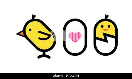 Birth of Chicken, Love to Egg and Chicken. Funny Flat Vector Icons isolated on white background. Stock Vector