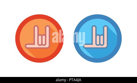 Round Vector Icons with Hand Gesture of Rock and Roll in Blue and Red color. Stock Vector