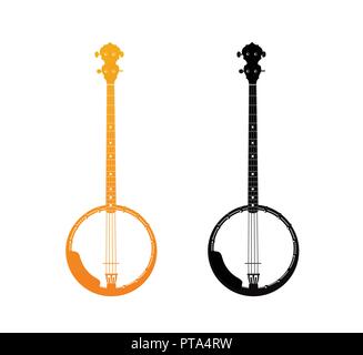 Golden and Black Icons of Banjo - orchestra strings music instrument in vertical pose, Vector Illustration isolated on white background Stock Vector