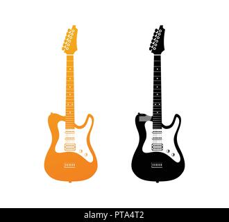 Set of Icons with Electric Guitars in Golden and Black Colors - Rock Music Instrument in vertical pose, Vector Illustration isolated on white backgrou Stock Vector