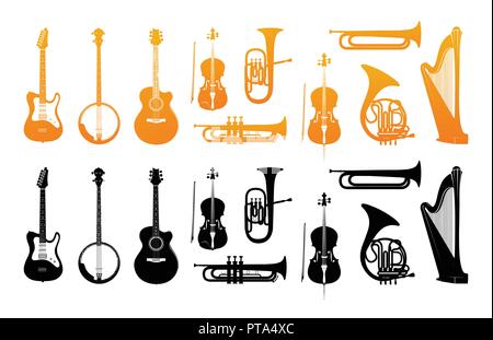 Set Icons of Orchestral Musical Instruments in Golden and Black Color. Vector Illustrations with Silhouette of Classic, Jazz and Rock Music Instrument Stock Vector