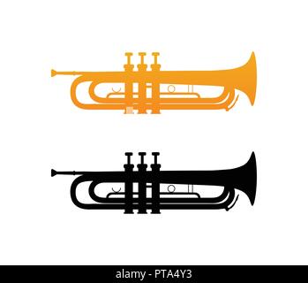 Vector Icon of Golden Trumpet with Black Silhouette of Brass Instrument Isolated on White Background. Stock Vector