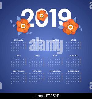 Vector of 2019 new year calendar in clean minimal  style with flowers Stock Vector
