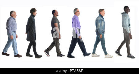 group of mixed people walking on white Stock Photo