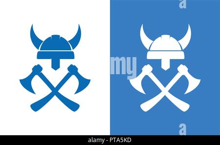 Sign of Vikings Equipment. Crossed Axes and Helm isolated on white and blue background. Vector Illustration. Stock Vector