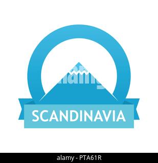 Badge with Scandinavian landscape. Illustration of Tour to Northern europe. Emblems with mountains with caption, Vector Illustrations. Stock Vector