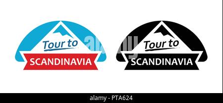 Tour to Scandinavia. Set of Badges, Emblems with north landscapes and captions. Vector Illustrations. Stock Vector