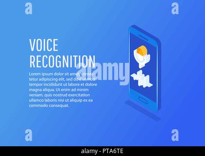 Personal assistant and voice recognition on mobile app. Voice biometrics technology isometric  vector illustration Stock Vector