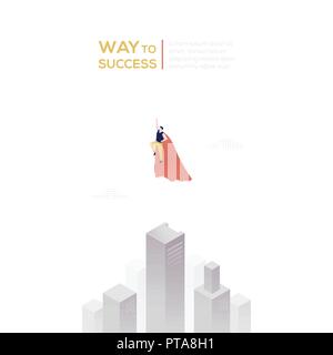 Way to success - modern isometric vector web banner on white background with copy space for text. High quality composition with businessman in superhe Stock Vector