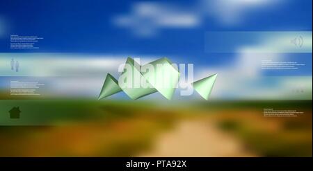 3D illustration infographic template. The two spiked cone is divided to four green parts. Object is askew arranged on blurred photo background. Color  Stock Vector