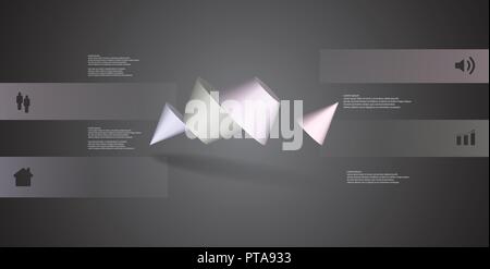 3D illustration infographic template. The two spiked cone is divided to four color parts. Object is askew arranged on black / grey background. Color b Stock Vector