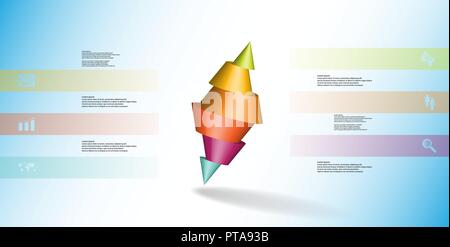 3D illustration infographic template. The two spiked cone is divided to six color parts. Object is askew arranged on blue / white background. Color ba Stock Vector