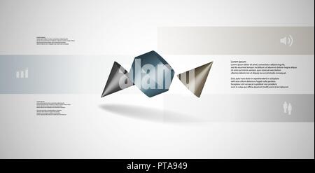 3D illustration infographic template. The two spiked cone is divided to three color parts. Object is askew arranged on grey / white background. Color  Stock Vector