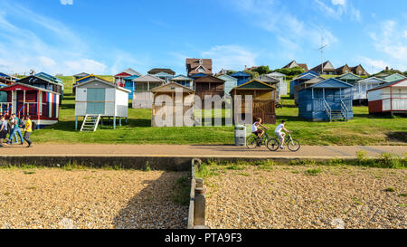 Looking out over Whitestable seafront and beach and the North Sea from beside the beach huts. Stock Photo