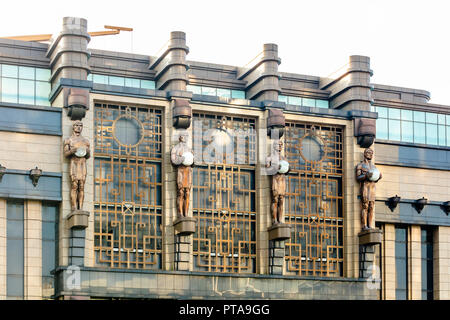 Singapore - August 18 2018: Close up architectural details of Parkview Square, art deco office building at Bugis Stock Photo