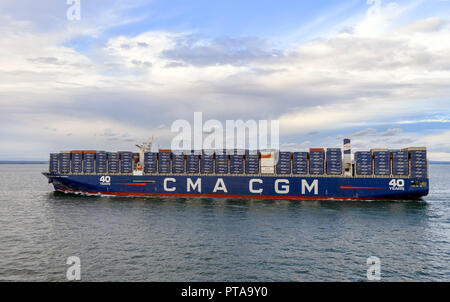 container cargo  ship CMA CGM antoine de saint exupery entering Southampton water / docks UK Stock Photo