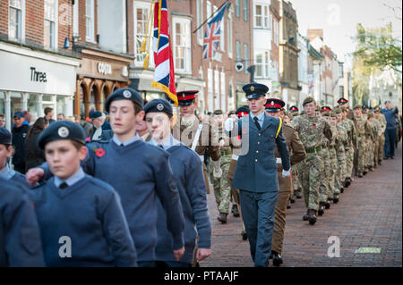 Remembrance Sunday parade, air cadets take part in the Remembrance Sunday Parade through the city of Chichester, West Sussex, UK. Stock Photo