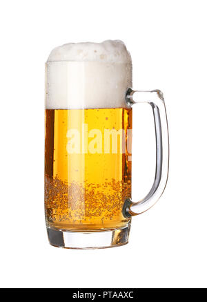 Close up one full glass mug of lager beer with froth and bubbles isolated on white background, low angle side view Stock Photo