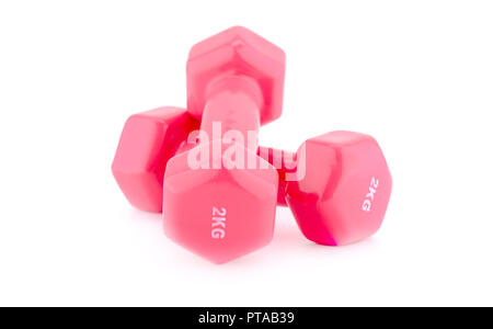 Two plastic coated dumbbells isolated on white background. Stock Photo
