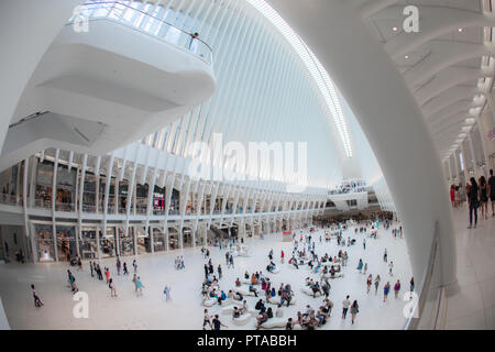 NEW YORK - August 2018: Inside Oculus shopping mall Westfield during busy day, World Trade Center Transportation Hub in New York, USA