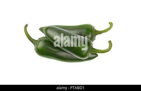 Close up one group of three fresh green jalapeno hot chili peppers isolated on white background, elevated top view, directly above Stock Photo
