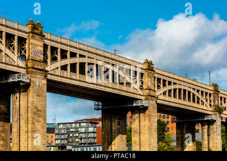 Newcastle upon Tyne, England / United Kingdom - August 27 2018: High Level Bridge road and railway bridge along Tyne River Stock Photo