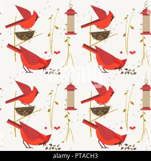 Red Cardinal birds seamless pattern Stock Vector