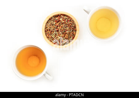 An overhead photo of tea, on a white background with copy space Stock Photo