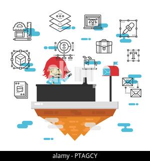 Designer floating island, work on sky, isolated on white background Stock Vector