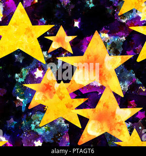 A seamless watercolor background with stars on a dark sky, a starry repeat print Stock Photo