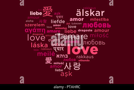 The word love in many languages in heart shapes. Romantic motive. Stock Photo