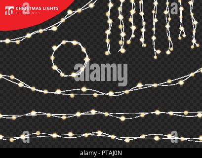 Set of christmas decorations glowing lights realistic design elements on tranperency background. Vector illustration Stock Vector