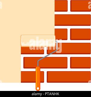Colorful cartoon paint roller on brick wall Stock Vector