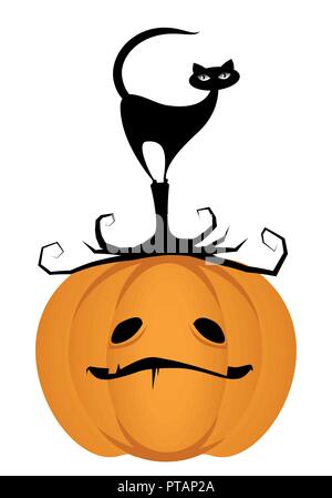 Black cat on a Halloween pumpkin. Vector Illustration. Isolated Stock Vector