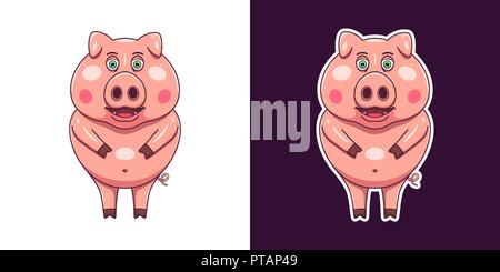 Cheerful and Smiling Pig in flat style. Vector Cartoon character of Pink Piglet with Outlines, funny and cute Sticker. Isolated Piggy illustration for Stock Vector