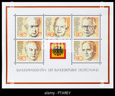 German postage stamps mini sheet (1982) : Former West German presidents: Theodor Heuss; Heinrich Lubke; Gustav Heinemann; Walter Scheel; Karl Carstens Stock Photo