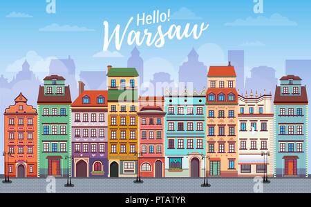 Warsaw cityscape banner in flat style. Europe panoramic city Stock Vector