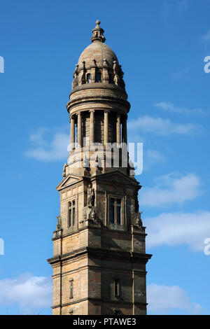 The splendid Victoria tower looms large over the municipal buildings, or Town Hall, in the Scottish town of Greenock on the Firth of Clyde. Stock Photo