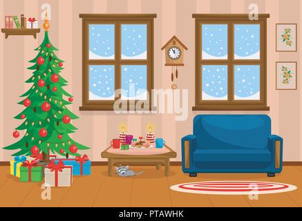 Vector illustration of Christmas living room with Christmas tree, gifts, sofa, table with treats and snow-covered window. Stock Vector