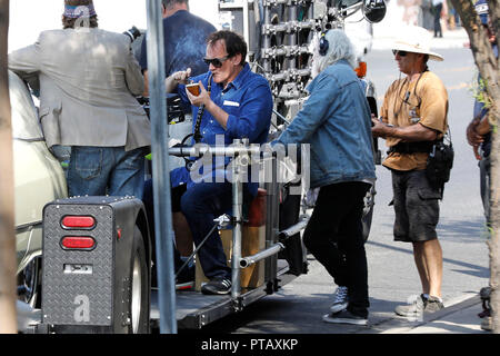 Quentin Tarantino is seen the set of 'Once Upon a Time In Hollywood' on the Burbank Boulevard on October 6, 2018 in Burbank, California. Stock Photo