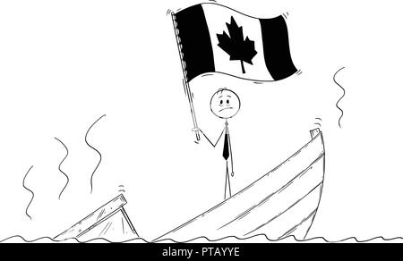 Cartoon of Politician Standing Depressed on Sinking Boat Waving the Flag of Canada Stock Vector