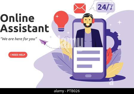 Customer and operator, online technical support concept. Male hotline operator advises client. Vector illustration Stock Vector