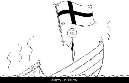 Cartoon of Politician Standing Depressed on Sinking Boat Waving the Flag of Republic of Finland Stock Vector