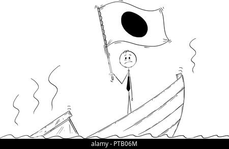 Cartoon of Politician Standing Depressed on Sinking Boat Waving the Flag of Japan Stock Vector
