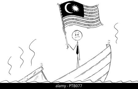 Cartoon of Politician Standing Depressed on Sinking Boat Waving the Flag of Malaysia Stock Vector