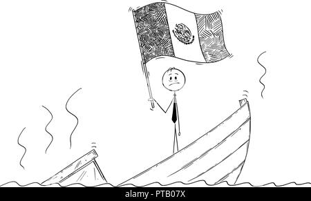 Cartoon of Politician Standing Depressed on Sinking Boat Waving the Flag of United Mexican States or Mexico Stock Vector