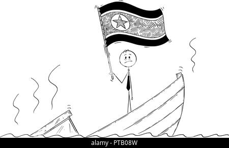 Cartoon of Politician Standing Depressed on Sinking Boat Waving the Flag of Democratic People's Republic of Korea or North Korea Stock Vector